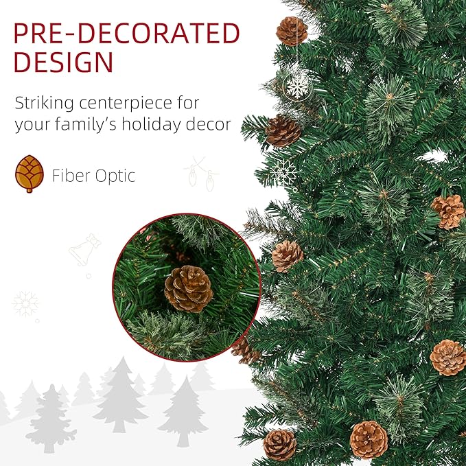 HOMCOM 7.5 Foot Pencil Artificial Christmas Tree, Slim Pine Needles Xmas Tree with Realistic Branches, Pine Cones, Metal Base, Green