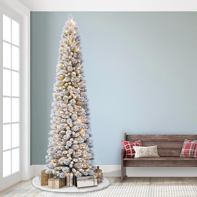 Puleo International 7.5ft Flocked Portland Pine Pencil Christmas Tree with 350 Clear Lights, 496 Realistic Dense Branch Tips, Easy Setup Artificial Trees with Sturdy Metal Stand