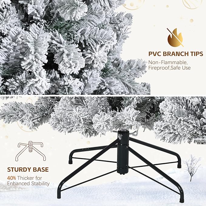 Garvee 9FT Snow Flocked Pre-Lit Christmas Tree with 900 Warm White Lights, 1800 Lush Branch Tips & Quick-Assembly Hinged Design, Full Artificial Xmas Tree for Winter Holiday Décor, Green & White