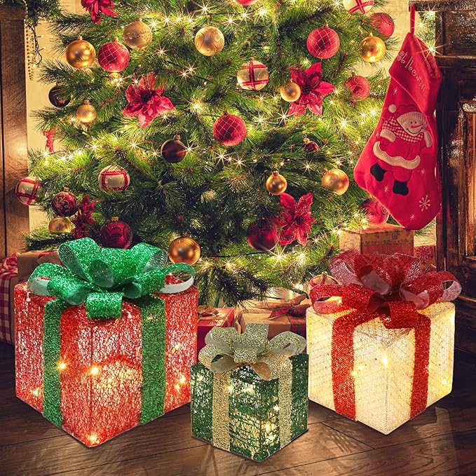 Christmas Light Gift Box Decorations, 3-Piece Set, Pre-Strung Wired Gifts with Bows, Illuminate Christmas Tree Skirt Decorations. Suitable for Indoor and Outdoor Use.