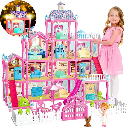 Doll House for Girls,13 Rooms Dollhouse with Dolls Figure, Puppies,Furnitures, Accessories, LED Light, Toddler Playhouse Gift for for 3 4 5 6 7 8 9 10 Year Old Girls Toys (Pink)