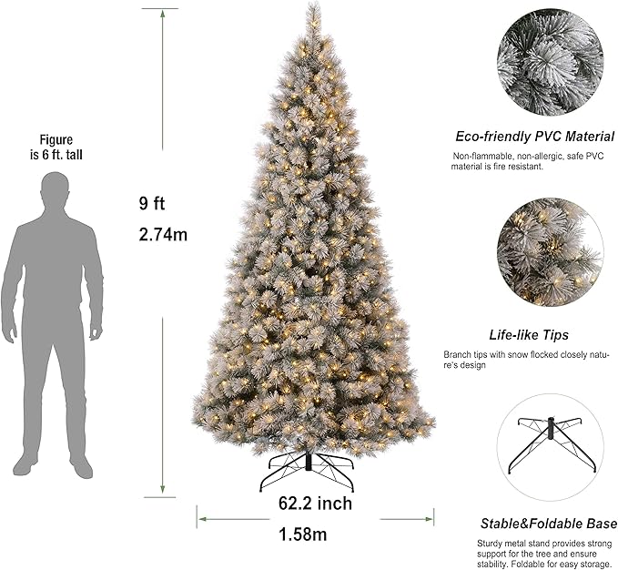 Glitzhome 9 ft Pre-Lit Christmas Tree with 900 Warm White LED Lights, 1030 Branch Tips and Easy Assembly Metal Stand, Artificial Snow Flocked Hinged Xmas Tree for Party Home Decoration