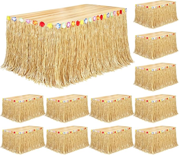 Fovths 12 Pack Luau Grass Table Skirt Natural 9 Feet x 29.5 Inch Hawaiian Table Skirt for Tropical Hawaiian Party Decorations Luau Party Costume Party, Straw Yellow