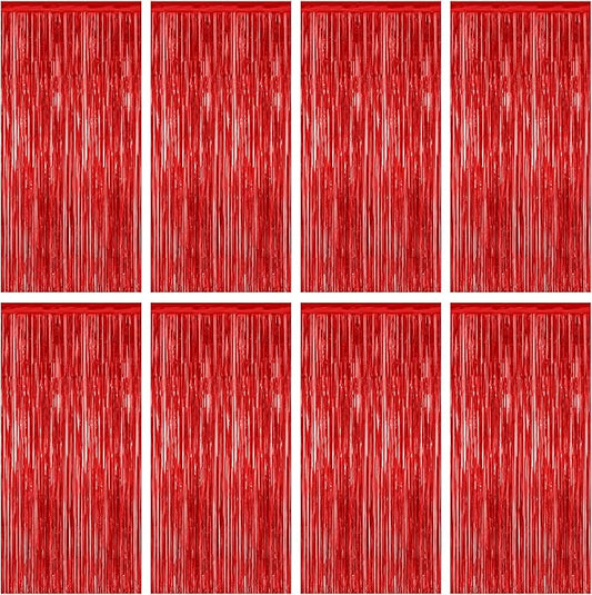 8 Pack Red Backdrop, 3.28 FT x 7.05 FT Streamer Party Decorations, Metallic Foil Fringe Curtains Party Streamer Photo Booth Backdrop, Red Tinsel Canival Theme Party Decor for Engagement Birthday