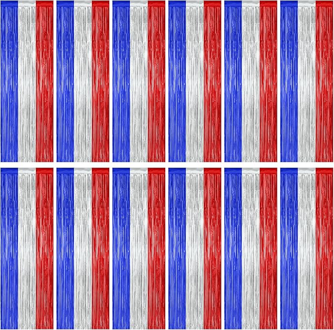 12 Pack 4th of July Decorations, 3.28 FT x 7.05 FT Patriotic Tinsel Backdrop, Metallic Blue Silver Red Fringe Curtains Party Streamer Foil Backdrop, Independence Day Party Supplies Patriotic Decor