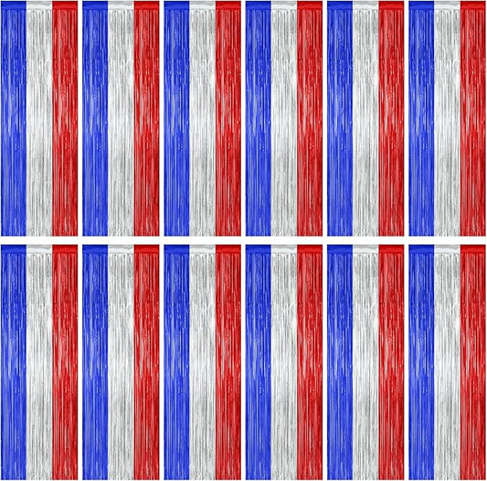 12 Pack 4th of July Decorations, 3.28 FT x 7.05 FT Patriotic Tinsel Backdrop, Metallic Blue Silver Red Fringe Curtains Party Streamer Foil Backdrop, Independence Day Party Supplies Patriotic Decor