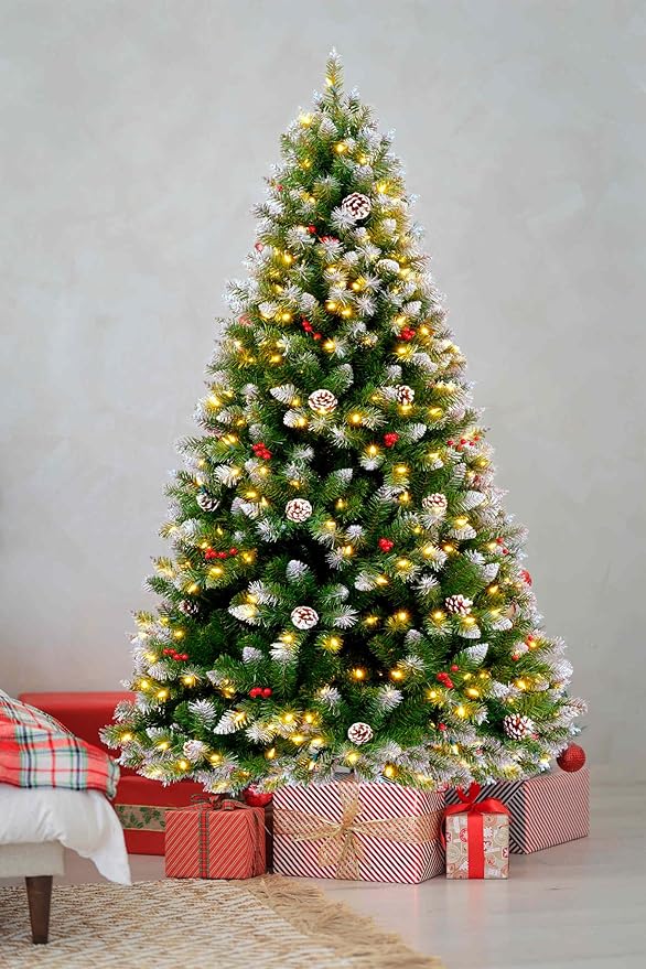 YULETIME 6.5ft Pre-Lit Christmas Tree, Snowy Artificial Holiday Decorative Tree with UL Listed 300 Warm White LED Christmas Lights, Pinecones, Red Berries (6.5' Snowy Warm White)
