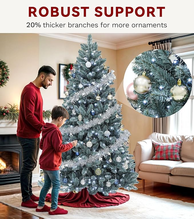 DWVO Prelit Christmas Tree 6ft, Colorado Blue Spruce Atificial Christmas Tree with 450 Cold LED Lights Includes Metal Stand, Green Full Xmas Trees with 880 Metal Hinged Branch Tips, for Home Party