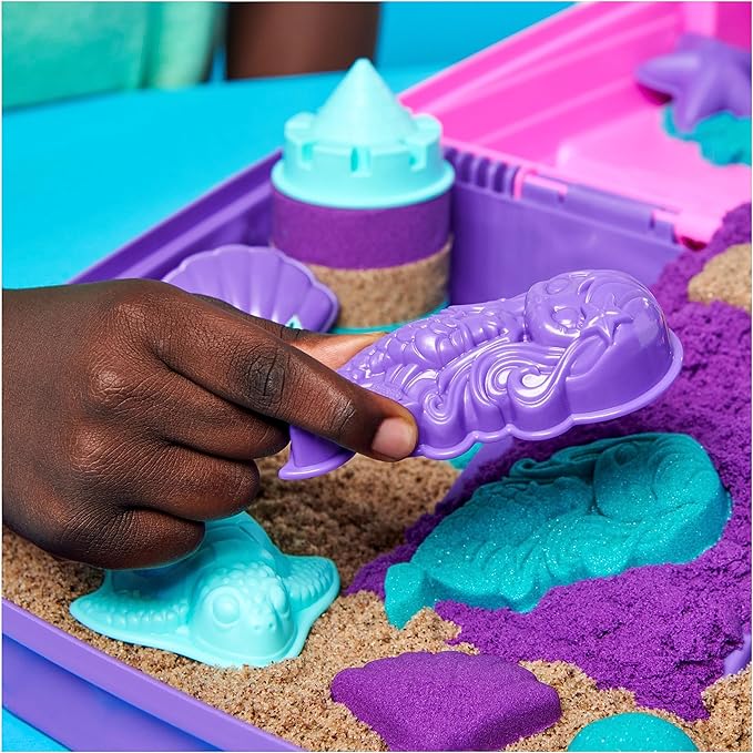Kinetic Sand, Mermaid Palace Playset with 2.06lbs Play Sand (Neon Purple, Shimmer Teal & Beach), Tools & Folding Sandbox, Sensory Toys for Kids