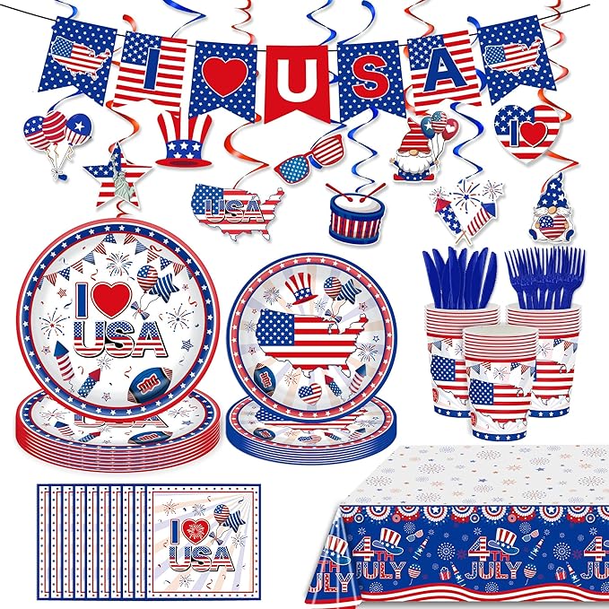 123 Pcs American Flag Patriotic Party Supplies Set, Patriotic Theme Kit Decorations, Patriotic Party Decorations Includes Plates, Napkins, Cups, Banner, Tablecloth -20 Guests