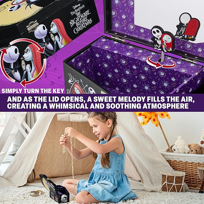 Get Trend Disney The Nightmare Before Christmas Musical Jewelry Box for Girls Mirror, Wind Up Music, Jewelry Organizer, Halloween Gifts for Girls (Black TBNC)