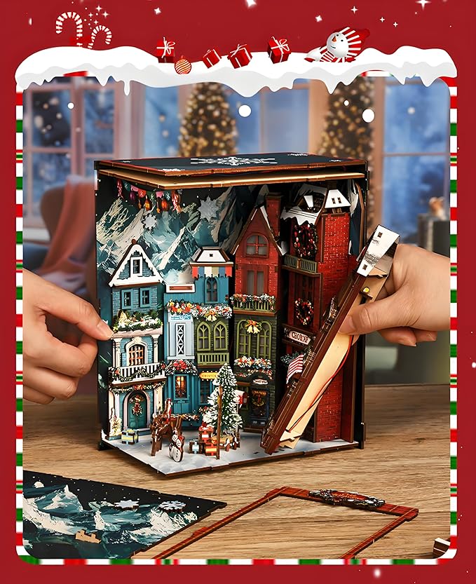 DIY Christmas Book Nook Kit, Wooden Dollhouse Kit with Dust Cover,Tiny Diorama House Building Set Booknook Bookshelf Insert Decor Alley Creative Idea Gifts for Aduls Bookends Model(Christmas Street)