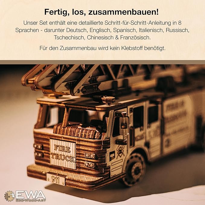 3D Wooden Puzzle - DIY 3D Puzzle Wooden Fire Truck Mechanical Model Kit with Wind Up Mechanism, Adjustable Ladder & More - 3D Puzzles for 15 yrs Above & Adults - Eco Wood Art, 439 Pieces