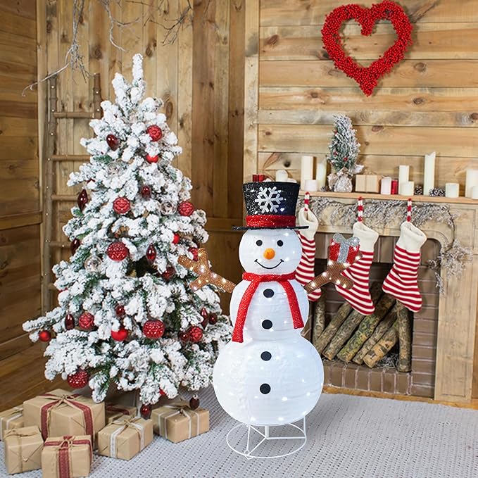 Outdoor Snowman Lighted, Pop-Up Snowman Outdoor Yard Christmas Decorations Prelit 100 Lights, Collapsible Lighted Snowmen Wears Red Scarf and Holds Light Up Gift Box for Home Porch Yard Décor-Red