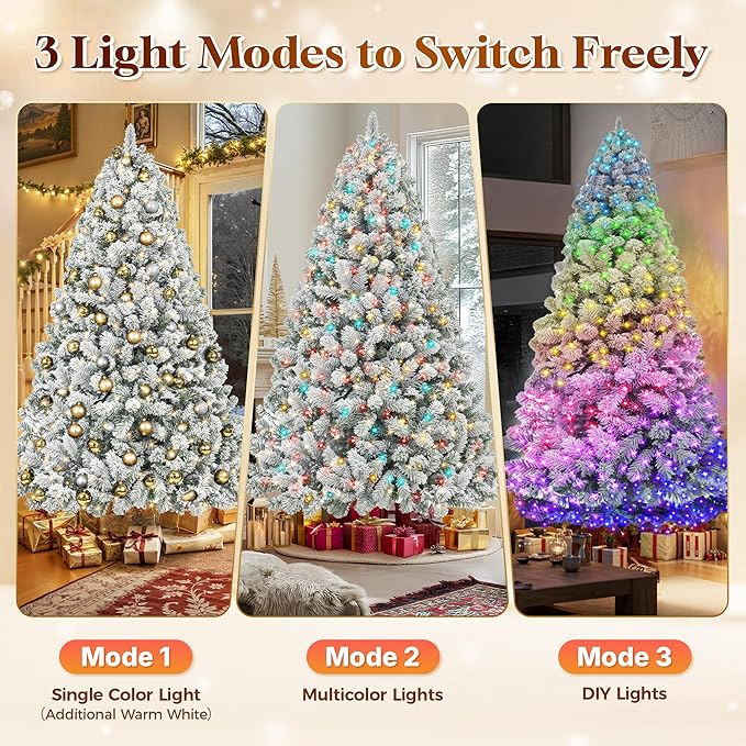 HOLLO STAR 7.5 ft Flocked Prelit Christmas Tree with 503 LED Lights, App Control, Artificial Christmas Tree, Multi-Color RGBW Lights, 1355 Branch Tips, Snow Xmas Tree, for Home, Party