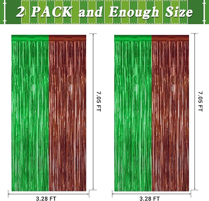 2 Pack Football Party Decorations, 3.28 FT x 7.05 FT Tinsel Backdrop, Brown Green Foil Fringe Curtains Metallic Party Streamer, Football Party Supplies Game Day Decorations 2025