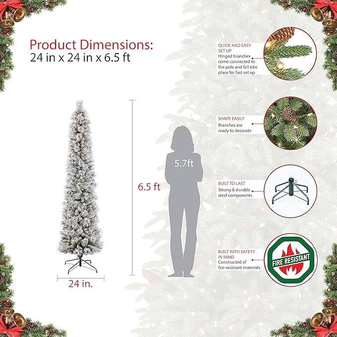 Puleo International 6.5ft Flocked Portland Pine Pencil Christmas Tree with 300 Clear Lights, 410 Realistic Dense Branch Tips, Easy Setup Artificial Trees with Sturdy Metal Stand