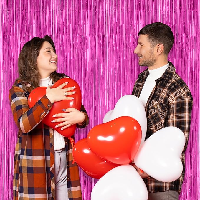2 Pack Hot Pink Party Decorations, 3.28 FT x 7.05 FT Hot Pink Backdrop, Metallic Rose Red Photo Backdrop Foil Curtains Tinsel Backdrop, Metallic Pink Party Decor Wedding Party Supplies