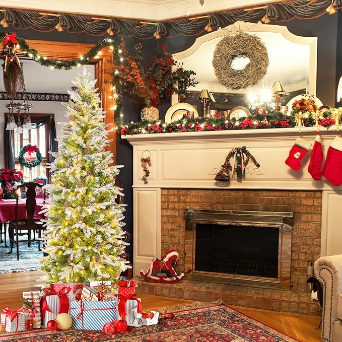 Goplus 6 FT Pre-Lit Pencil Christmas Tree, Artificial Snow Flocked Hinged Fake Slim Xmas Tree with 280 Warm-White LED Lights, 671 Branch Tips, 60 Pine Cones, for Office Home Decoration