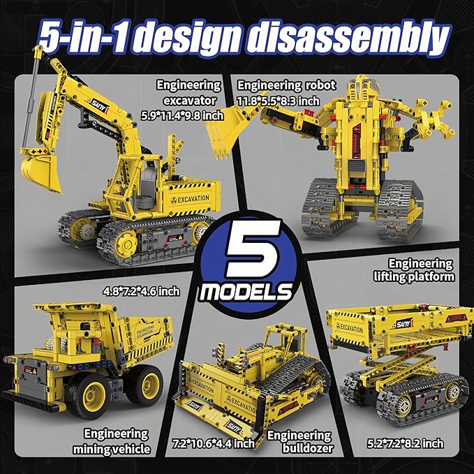 5 in 1 Robot Building Kit - Toy Excavator STEM Kits for Kids Age 8-10, STEM Toys for Boys Age 8-12, App & Remote Control Robotics for Kids Ages 8-12 (555 PCS)