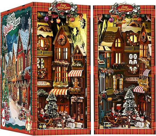 DIY Christmas Book Nook Kit, Wooden Dollhouse Kit with Dust Cover,Tiny Diorama House Building Set Booknook Bookshelf Insert Decor Alley Creative Idea Gifts for Aduls Bookends Model(Christmas Street)