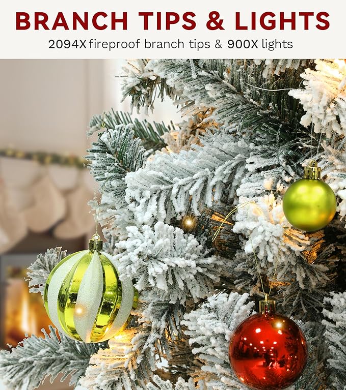 DWVO 9 ft Prelit Snow-Flocked Artificial Pine Christmas Tree, Full Xmas Tree with 900 Lights, 11 Lighting Modes, 2094 Tips, Foldable Base for Home and Party Decor