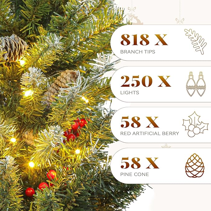 YITAHOME 6FT Prelit Christmas Tree with Remote, Artificial Hinged Pre-Decorated Christmas Tree with 58 Pine Cones & 58 Red Berries, Xmas Tree with 818 Frosted Tips, 250 Lights