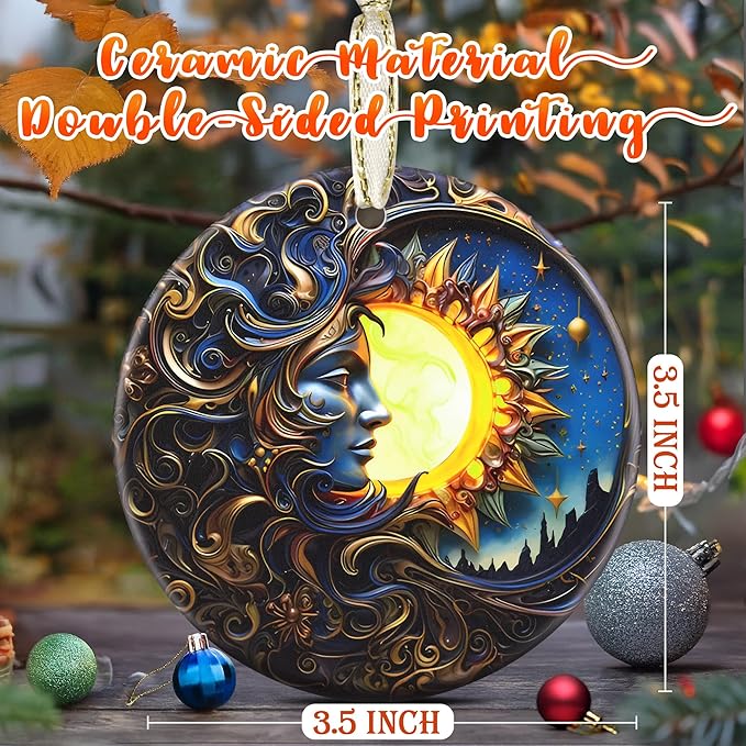 3.5 Inch Ceramic Christmas Tree Ornament, Sun and Moon God Christmas Ornaments, Heirloom Keepsake, Gift Exchange, Gift Idea, Bauble Present