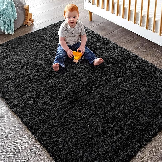 Ophanie Black Area Rugs for Bedroom Living Room, 4x6 Fluffy Fuzzy Shag Shaggy Carpet Soft Plush Furry Bedside Rug, Indoor Floor Rug for Kids Girls Boys Home Decor Aesthetic, Dorm Nursery