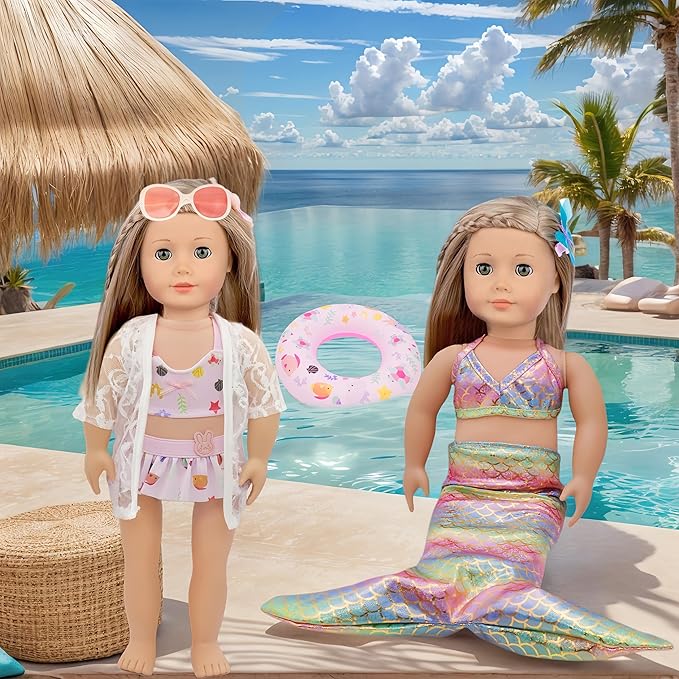 11 Pieces 18 Inch American Doll Bathing Suit Swimsuit with Accessories, Fashion 18 inch Doll Summer Outfits Including Mermaid Outfits,Swimming Circle,Bag,Phone,Shoes,Towel Set