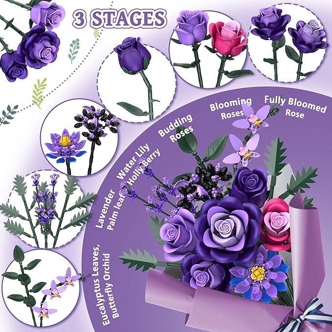 Purple Roses Flower Bouquet Building Sets, 834PCS Artificial Flowers Botanical Collection Compatible with Lego Flowers for Adults Gothic Decor, Gifts for Christmas Valentines Day