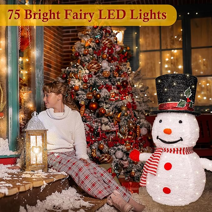 Snowman Outdoor Christmas Decorations, 28 Inch Collapsible Snowman Christmas Decorations with 75 LED Lights, Light Up Xmas Yard Decor, Lighted Porch Lawn Decor