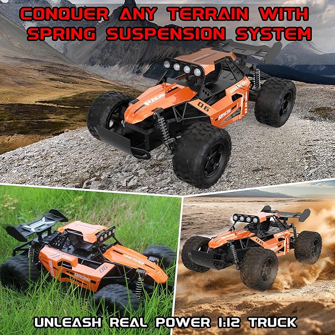 1:12 Scale RC Car for Kids Ages 3-5-7, Fast Remote Control Monster Truck 2WD 20km/h Off-Road Toy, Alloy Shell, LED Lights, Off Road for Boys 4-7 & Beginners, 30 Minutes Play Time