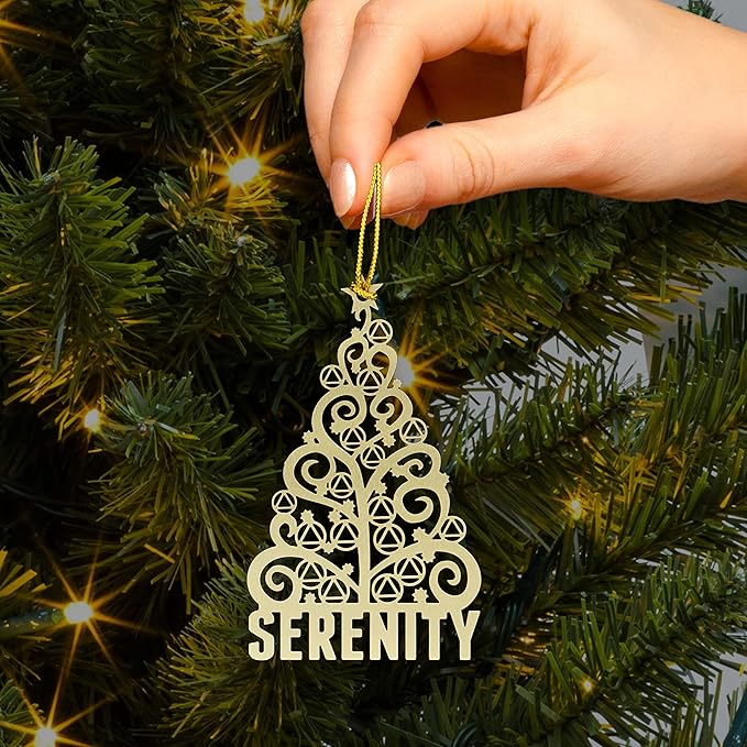 AA Serenity Tree Sobriety Christmas Ornament | Alcoholics Anonymous Sober Recovery Gift | Stamped Brass