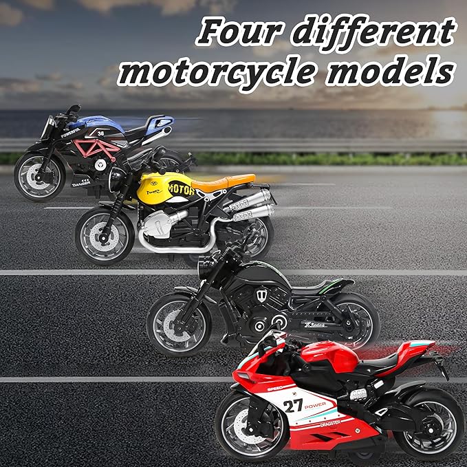 4-Pack Pull-Back Motorcycle Toys - Friction Powered Kids Toy Cars with Lights, Sounds & Automatic Drive for Boys & Girls Aged 3-12