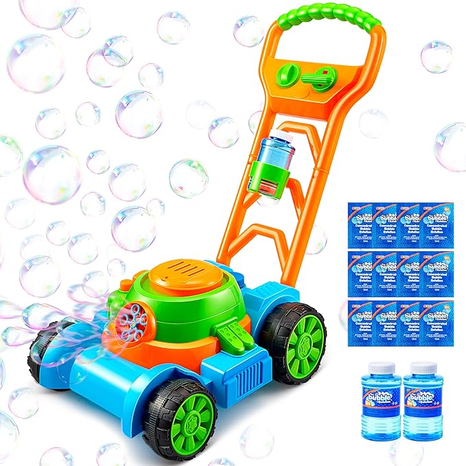 SLOOSH Bubble Lawn Mower Toddler Toys - Leak-Proof Bubble Machine Pretend and Play Gardening Toy for Indoor Outdoor Use, Push Toys Preschool Baby Boys Kids Halloween Birthday Gifts (Blue)