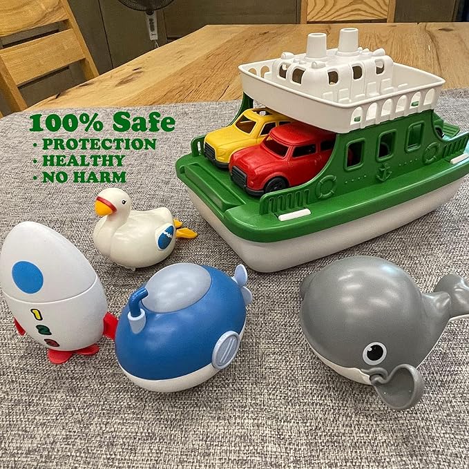 Ferry Boat with 4 Car and 4 Wind Up Bath Swimming Toys, Kids Bath Toy Floating Vehicle Whales Submarines Swans Rockets, Bathtub Bathroom Pool Beach Toy Set for Toddlers Boys Girls