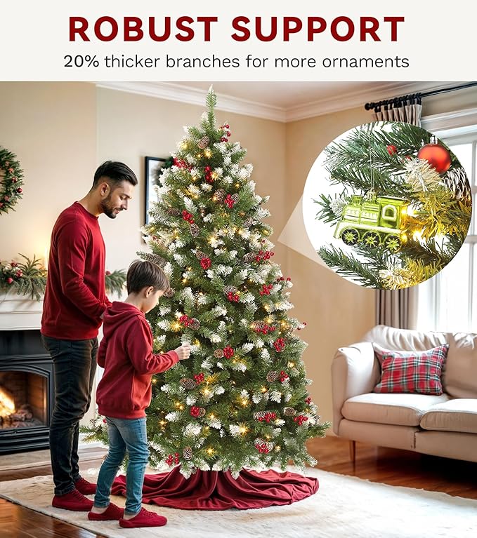 DWVO 6ft Pre-lit Christmas Tree, Pre-Decorated Artificial Christmas Trees for Home, Office, Party with with 818 Flocked Frosted Tips & 250 UL Listed Lights, Pine Cones, Berries