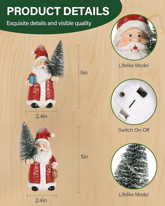 iStatue 2-Pack Lighted Santa Resin Figurines with Christmas Trees, 5" Mini Christmas Decorations, Battery Powered Warm White LED Hand-Painted Tabletop/Mantel Holiday Decor Gifts (Red Santa)