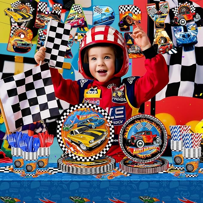 194pcs Birthday Party Decorations Supplies Race Car Plates Napkins Banner Tablecloth Disposable Parper Cups Straws Tableware Set for Kids Boys Birthday Decor 24 Guests
