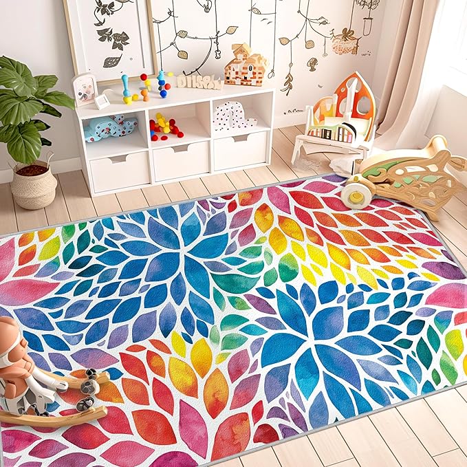 Abstract Rainbow 3x5 Entryway Rugs Colorful Dahlia Floral Rugs Multicolor Area Rug, Non-Slip Machine Washable Entrance Mat Carpet for Playroom Nursery Dining Room Kitchen Laundry 3' x 5'