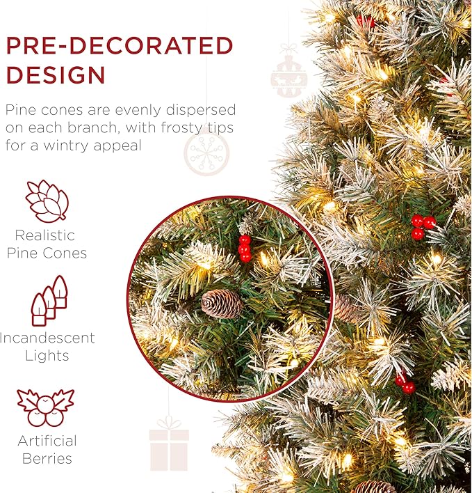 Best Choice Products 7.5ft Pre-Lit Pencil Christmas Tree, Partially Flocked Pre-Decorated for Home, Skinny Frosted Holiday Tree w/ 1,075 Tips, 350 Lights, Pine Cones, Metal Hinges & Base