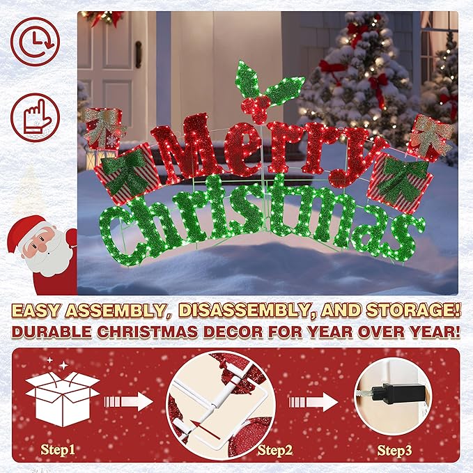 6FT Merry Christmas Sign for Decoration, 2-in-1 Pre-Lit Holiday Greeting Sign Decor with 456 LED Lights, Freestanding or Hanging Glittered Holiday Display for Outdoor, Indoor