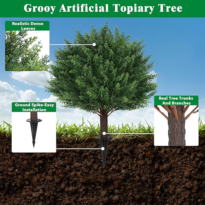 Artificial Cypress Topiary Tree with Ground Spike, Set of 2 Artificial Shrub Bushes, Fake Evergreen Tree for Porch, Artificial Plants for Outdoor Planters Indoor UV Resistant