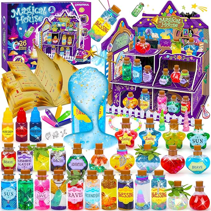 Fairy Magic Potions Kit for Kids, with DIY Magical House, 26 Mixed Magic Wizard Potion Bottles, Mystery Potions Craft Kit, Christmas Decorations Birthday Gifts for Age 6 7 8 9 10+ Year Old Girls Boys