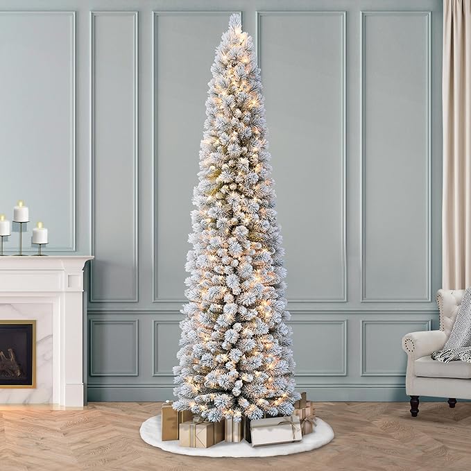 Puleo International 6.5ft Flocked Portland Pine Pencil Christmas Tree with 300 Clear Lights, 410 Realistic Dense Branch Tips, Easy Setup Artificial Trees with Sturdy Metal Stand
