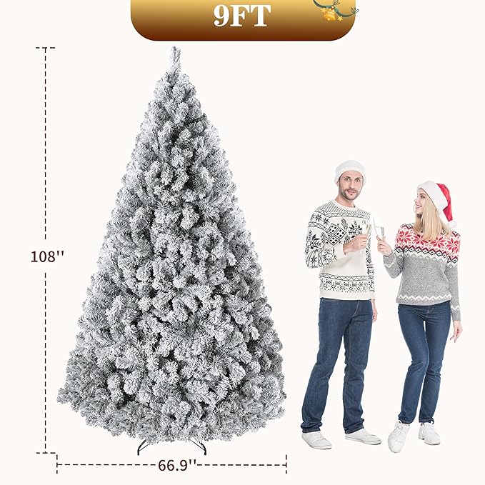 9 ft Christmas Tree, Christmas Decorations with 900 Lights, Pre-lit Artificial Christmas Tree with 1800 Snowy White PVC Branches, Flodable Metal Stand＆Easy Assembly