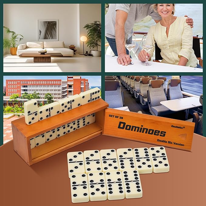 Dominos Set for Adults, Jumbo Size Double 6 Dominoes Set, Classic Board Game for Adults and Elderly, Double Six Thick Size Domino with Spinner 28 Tiles in Exclusive Brown Wooden Box.