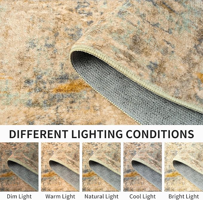 Ompaa Living Room Rug 5x7 Beige Area Rug Machine Washable Boho Rug Non Slip Abstract Vintage Indoor Large Rugs for Bedroom, Classroom, College Dorm, Farmhouse, Dining Room, Kids Playroom