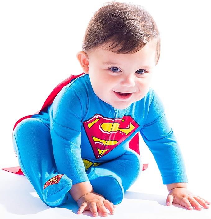 WARNER BROS. Justice League Batman Superman Lightweight Breathable Baby Zip Up Costume Coverall with Cape Newborn to Kid